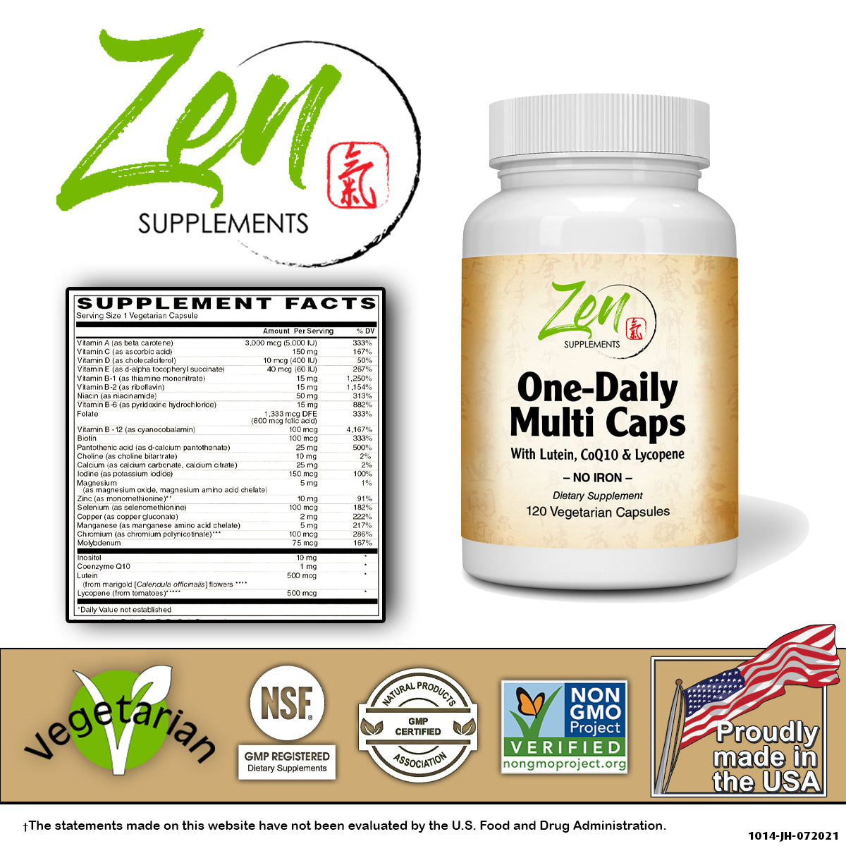 One Daily Multi-Vitamin (Iron Free) - With Lutein, Lycopene & CoQ10 - 120 Vegcaps