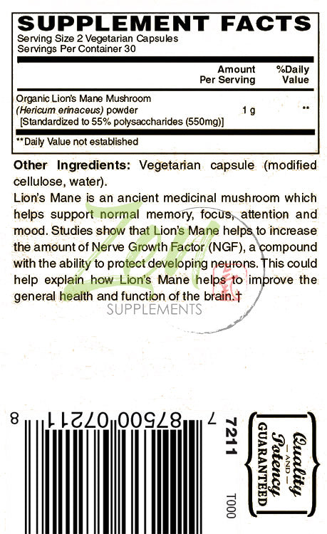 Lion's Mane Nootropic Brain Supplement (Organic) - 60 Caps