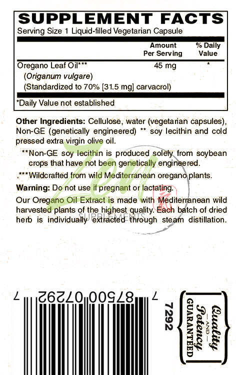 Oregano Oil - Standardized to 45 Mg 70% Carvacrol - 60 Vegcaps