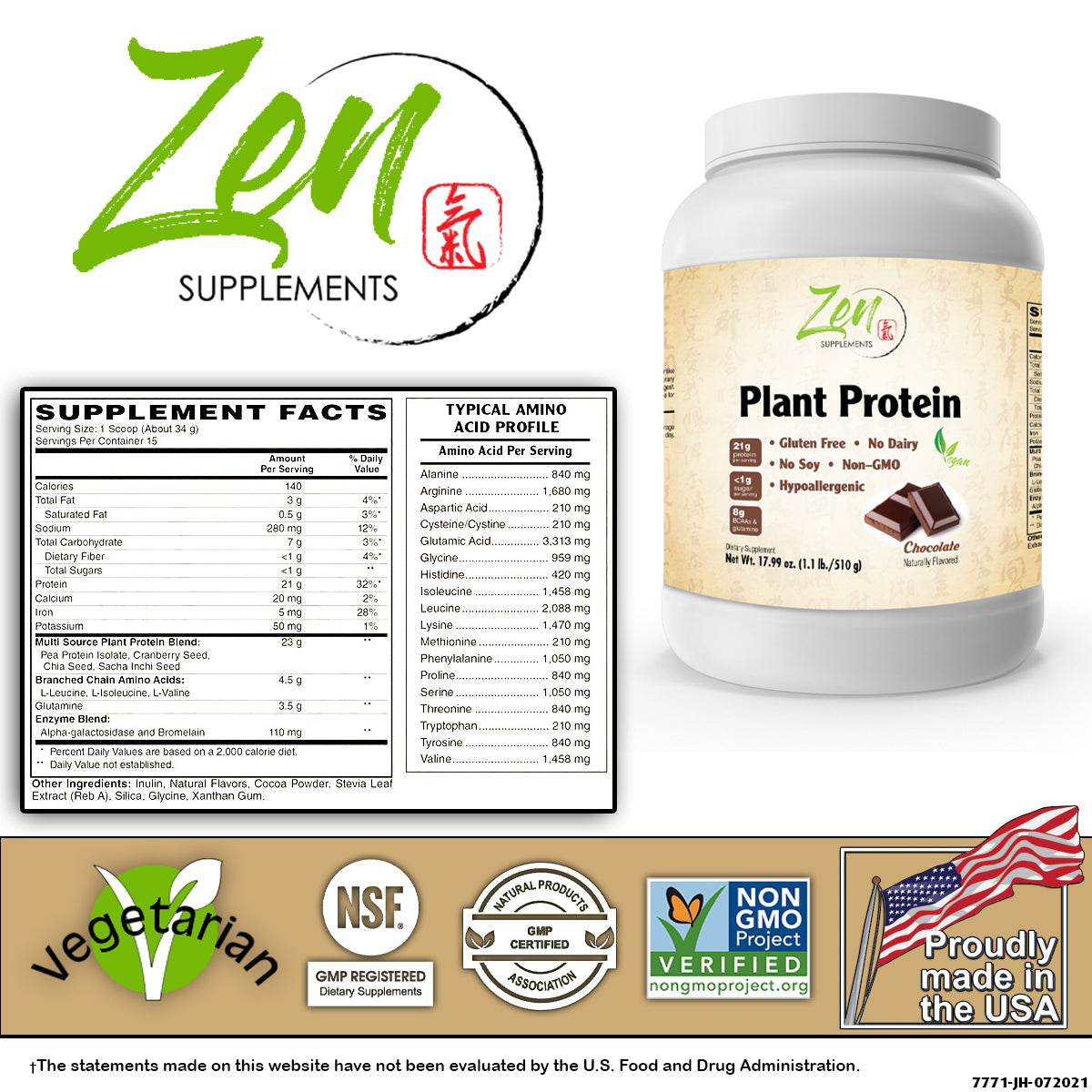 Organic Non-GMO Plant Protein - Chocolate - 510G 1.1 LB Powder