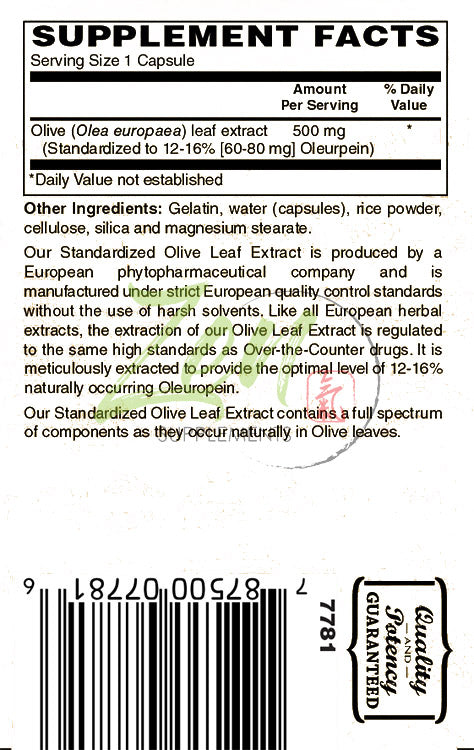 Olive Leaf Extract 500mg - Standardized Oleuropein Antioxidant - 60 Caps