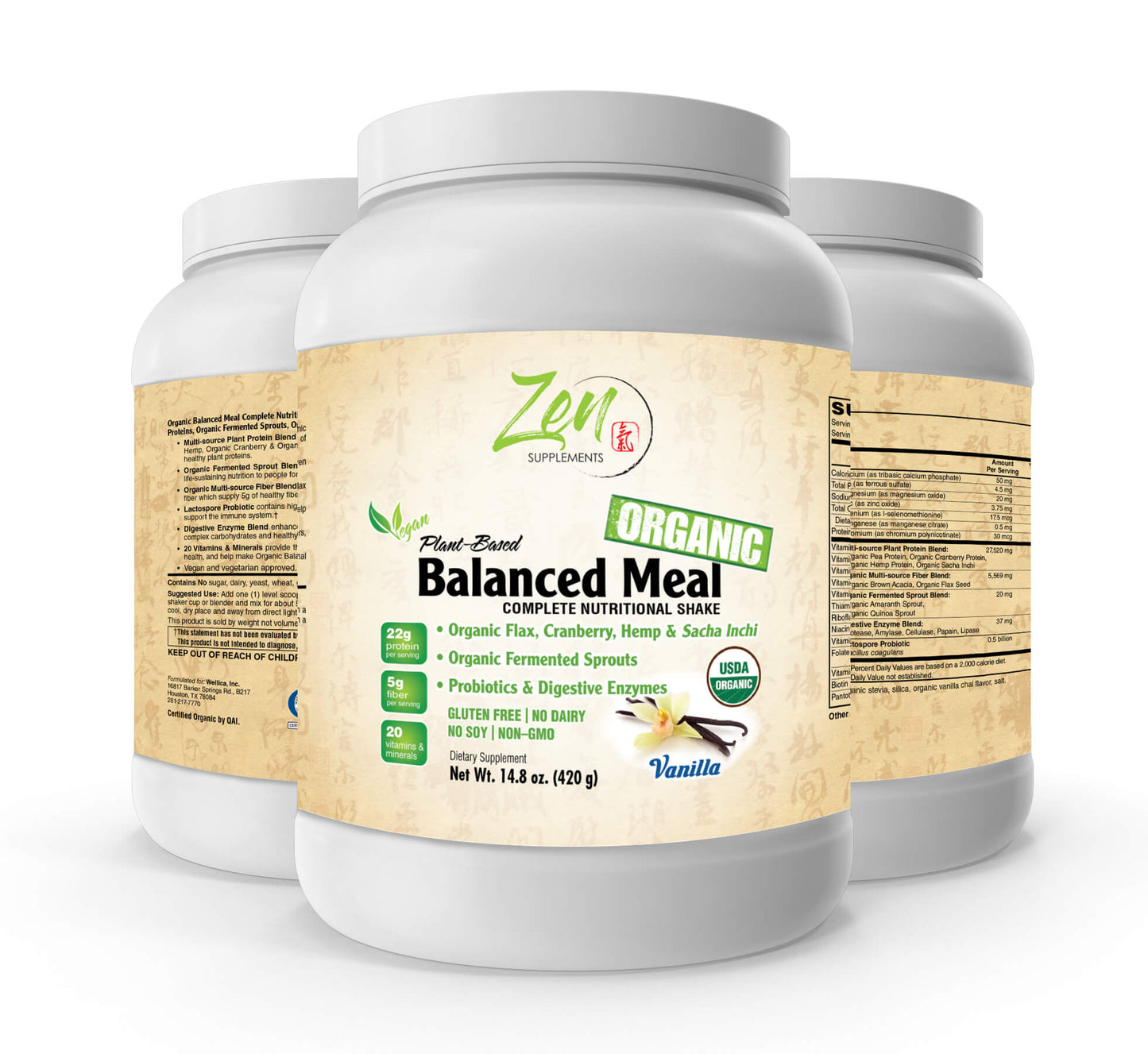 Organic Non-GMO Plant Based Protein Balanced Meal Vanilla14.8oz Powder