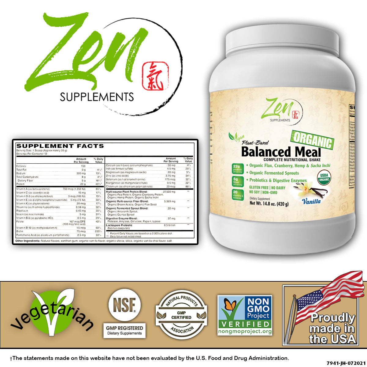 Organic Non-GMO Plant Based Protein Balanced Meal Vanilla14.8oz Powder