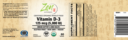 Organic Whole Food Vegan Vitamin D-3 125 Mcg (5,000 Iu) (natural algae sourced) 60 TAB