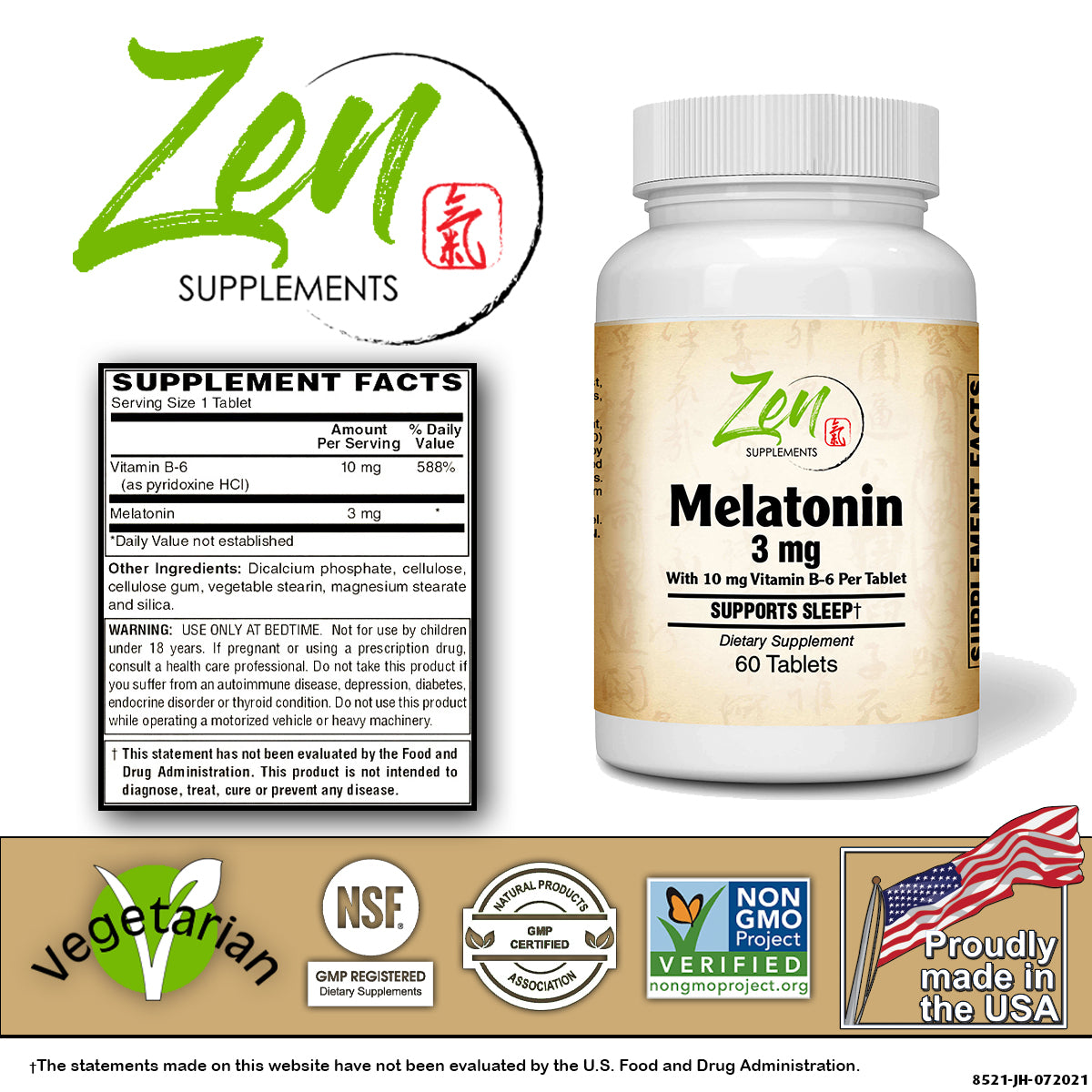 Melatonin 3mg - With Vitamin B-6 - 60 Tabs