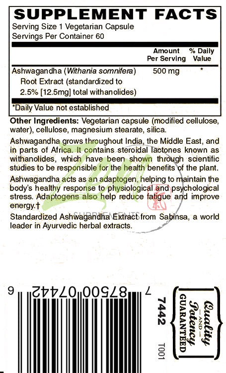 Ashwagandha Extract Supplement Facts